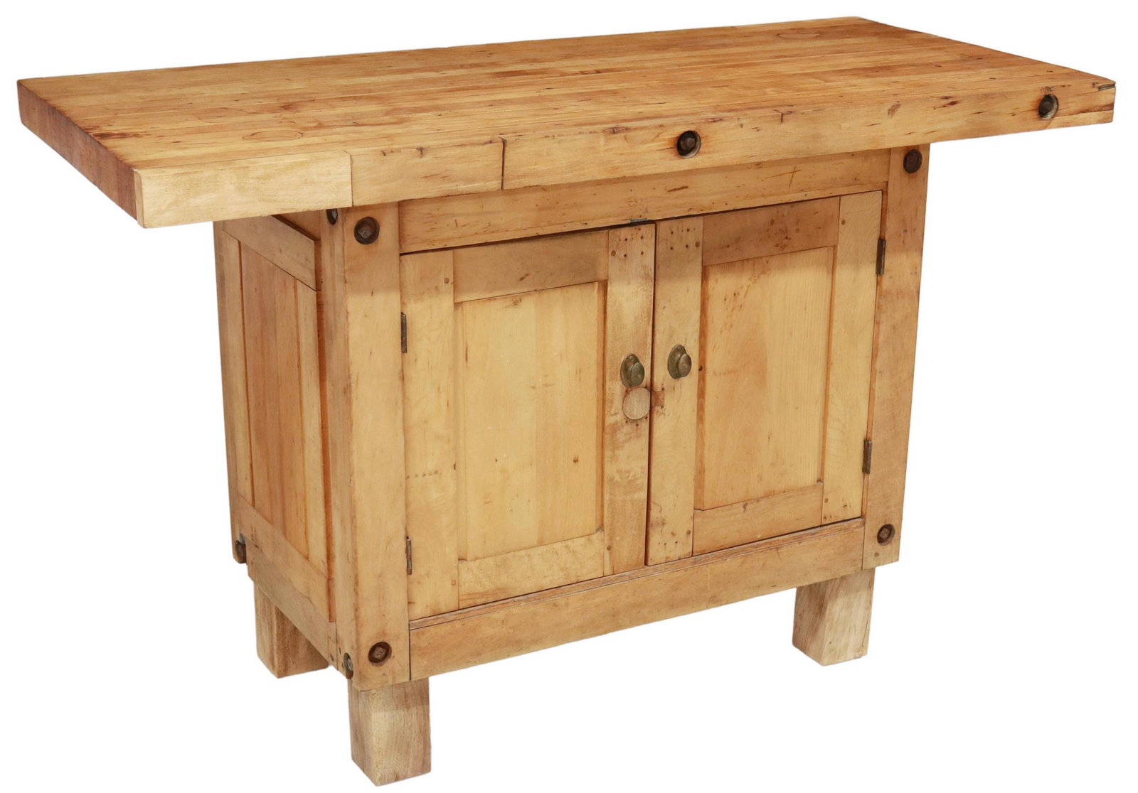 BUTCHER BLOCK TOP WORK TABLE ON CABINET BASE: Rustic pine work table/ kitchen island, 20th c., butcher block top, over dual cabinet doors to both sides, open interior, rising on block feet, patched repairs to top, approx 37"h, 56"w, 26"d Start Pr