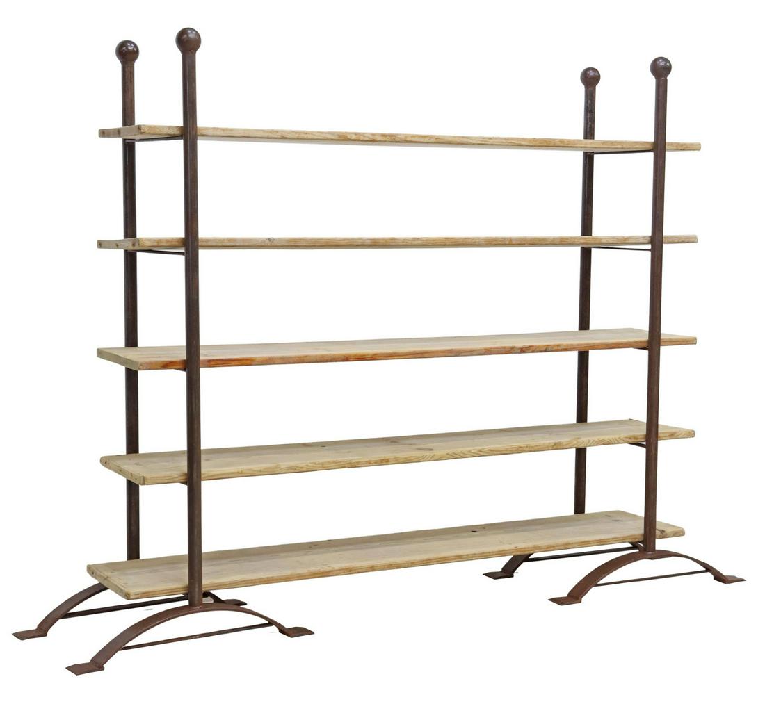 RUSTIC IRON FRAME & PINE SHELVES BAKER'S RACK: Medium rustic baker's rack/shelf, 21st. c, iron frame with ball finials, five pine plank shelves, approx 58.5"h, 64"w, 15"d Start Price: $450.00