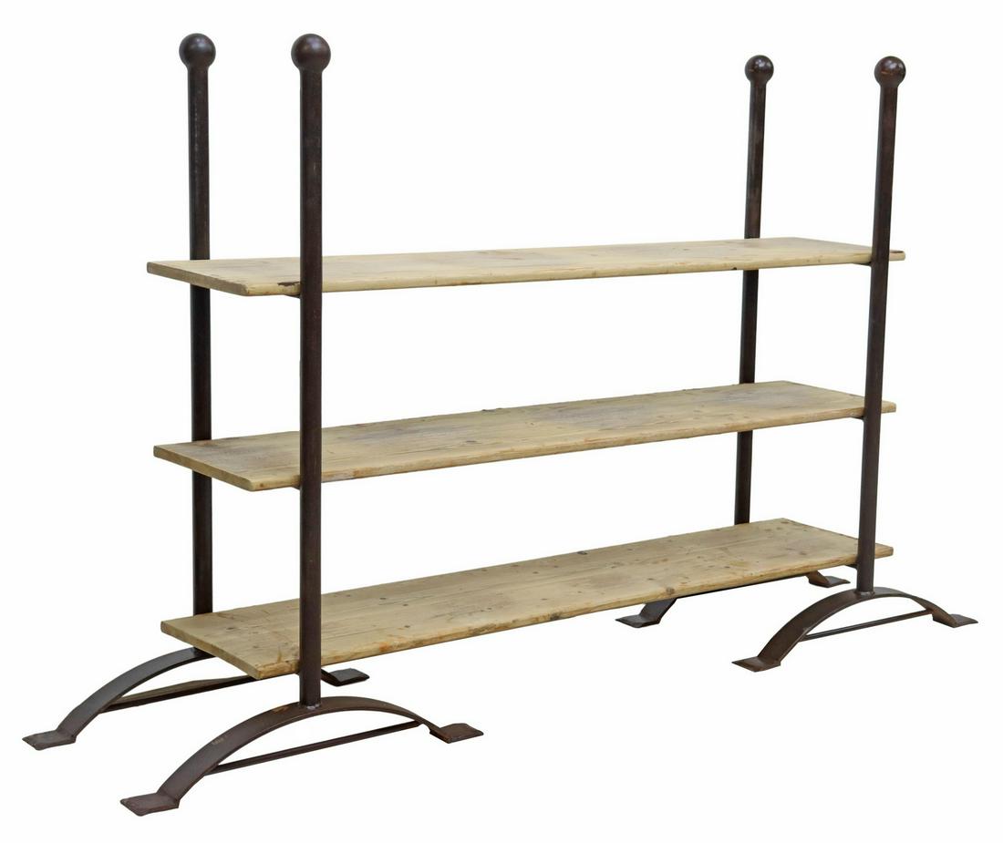 LOW RUSTIC IRON FRAME & PINE SHELVES BAKER'S RACK: Low rustic baker's rack/shelf, 21st. c, iron frame with ball finials, three pine plank shelves, approx 45.5"h, 58"w, 15"d Start Price: $400.00
