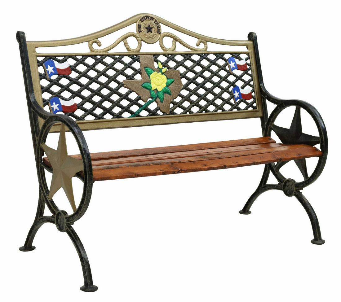 WESTERN CAST IRON & WOOD BENCH, TEXAS STATE SEAL: Cast iron and wood bench, back featuring polychrome painted Texas motifs, including state flags, state seal, gilt painted state outline superimposed with yellow rose, armrests formed in state seal pat