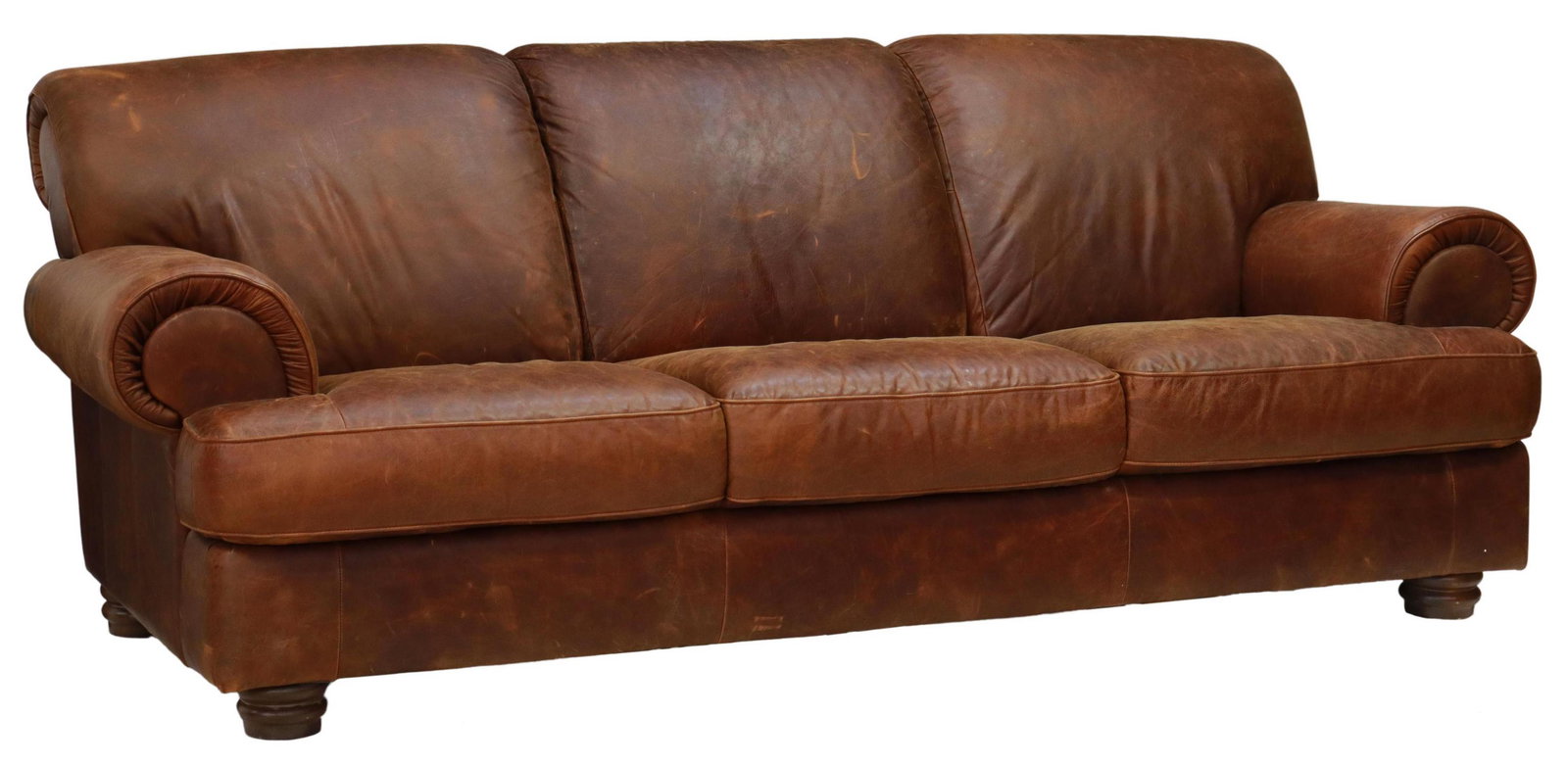 ITALIAN BROWN LEATHER THREE-SEAT SOFA: Italian three-seat sofa, 20th c., in brown leather upholstery, with rolled back and arms, rising on bun feet, some wear to leather, approx 34.5"h, 92"w, 33.5"d Start Price: $200.00