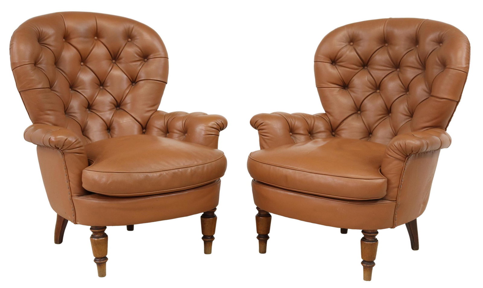 (2) VINTAGE BUTTON-TUFTED BROWN LEATHER ARMCHAIRS: (pair) Vintage leather armchairs, 20th c., rounded button-tufted back and arms, nailhead trim to the back, rising on turned legs, approx 37.5"h, 31.5"w, 27"d, seat height: 18.5"h Start Price: $350.00