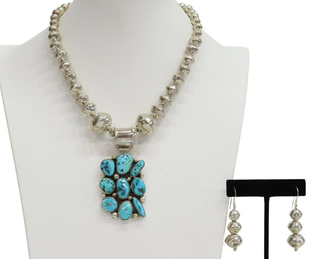 (2) NATIVE AMERICAN SILVER & TURQUOISE PENDANT: (lot of 2) Native American jewelry, including: (1) sterling silver pendant, signed K (possibly Keith James, Navajo/ Dine, 20th c.), set with nine turquoise stones, on an assembled bench bead strand, s