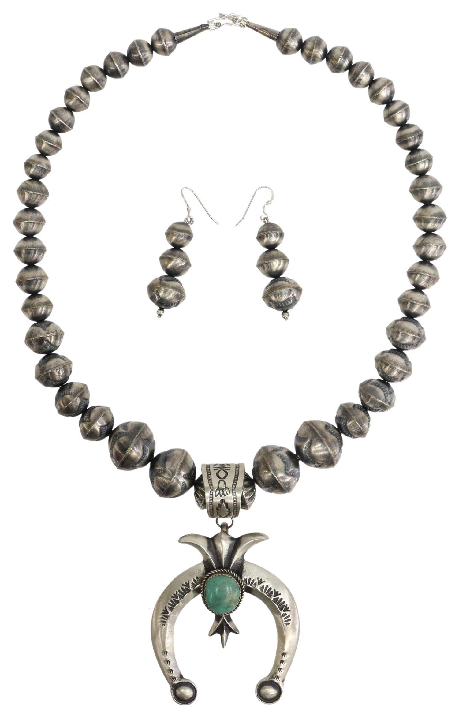 (2) MARY CAYATINETO NAVAJO STERLING SILVER PENDANT: (lot of 2) Native American jewelry, including: (1) naja pendant necklace, assembled, sterling silver naja stamped MC (Mary Cayatineto, Navajo/ Dine, 20th c.), stampwork design, set with a single turqu