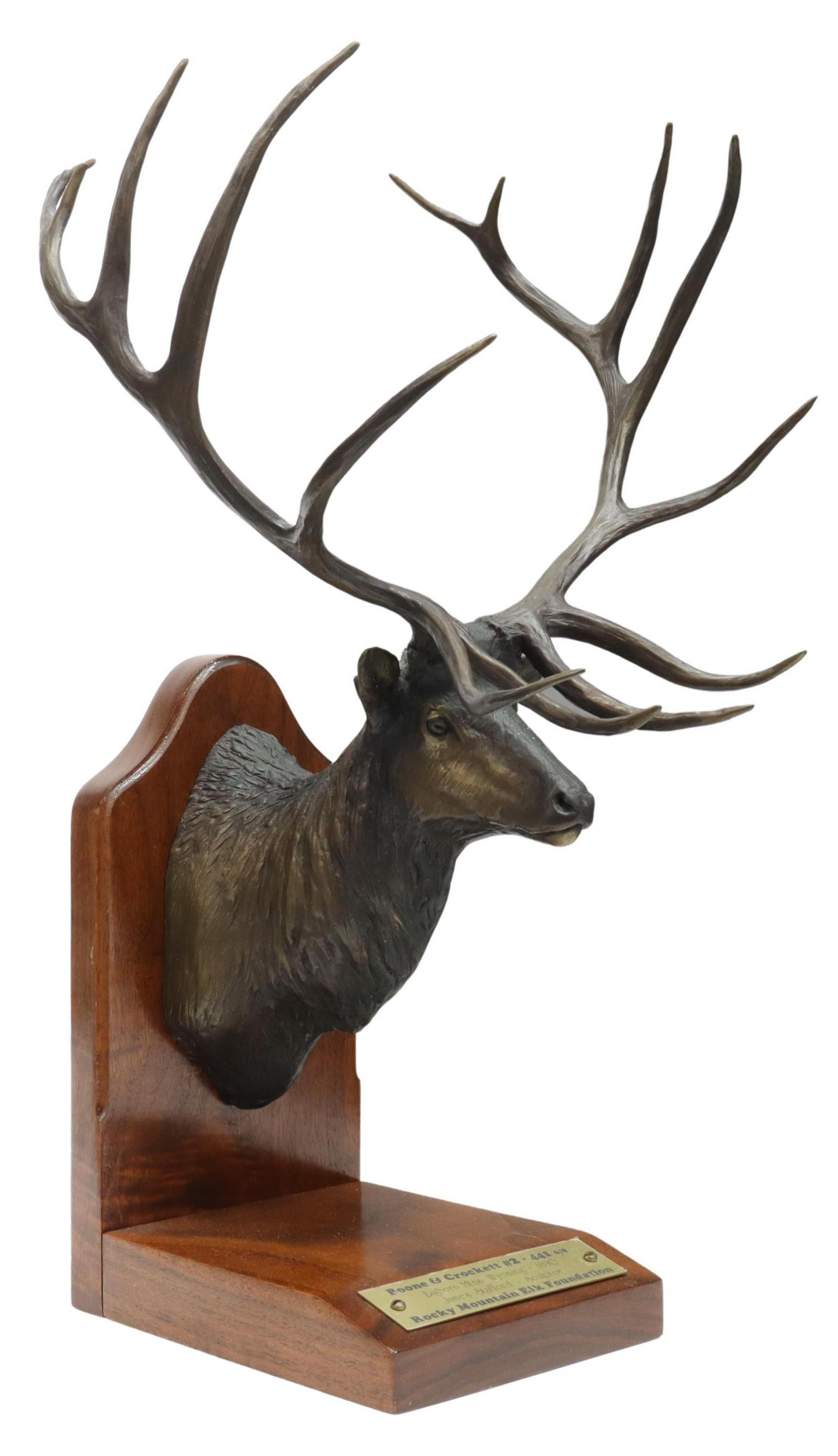 JAMES STAFFORD BOONE & CROCKET LIMITED ELK BRONZE: Patinated bronze wildlife sculpture, Elk, James Stafford (active Montana, b.1937), Boone & Crocket #2-441, numbered 6/ 8, Big Horn Mountains, Wyoming, 1890, Rocky Mountain Elk Foundation, on wood base