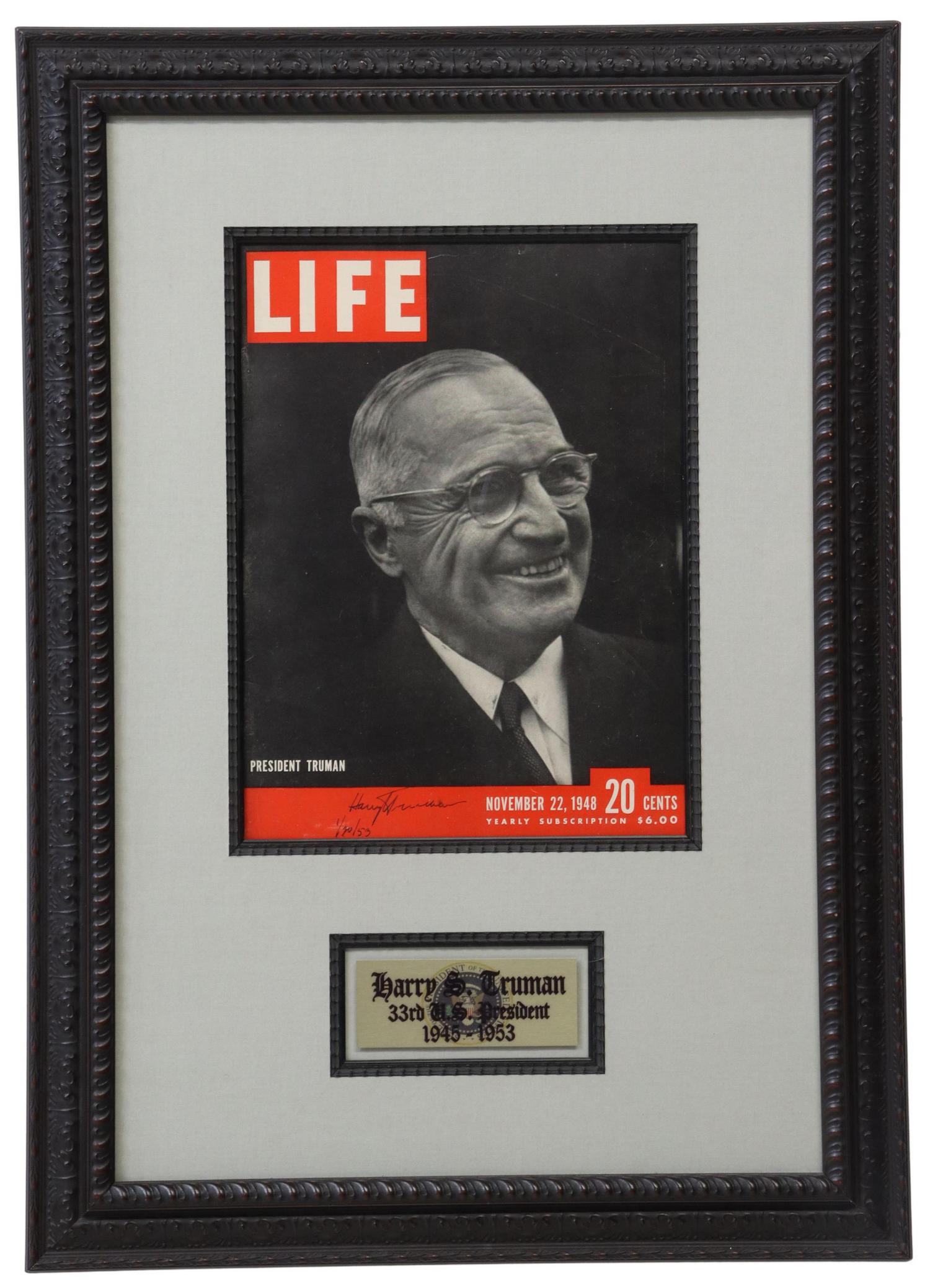 HARRY S. TRUMAN SIGNED LAST DAY AS PRESIDENT: Framed autograph, Harry S. Truman (1884-1972), 33rd president of the United States, signed in blue ink on January 20, 1953, the last day of his presidency, signed on the front page of the November 22,
