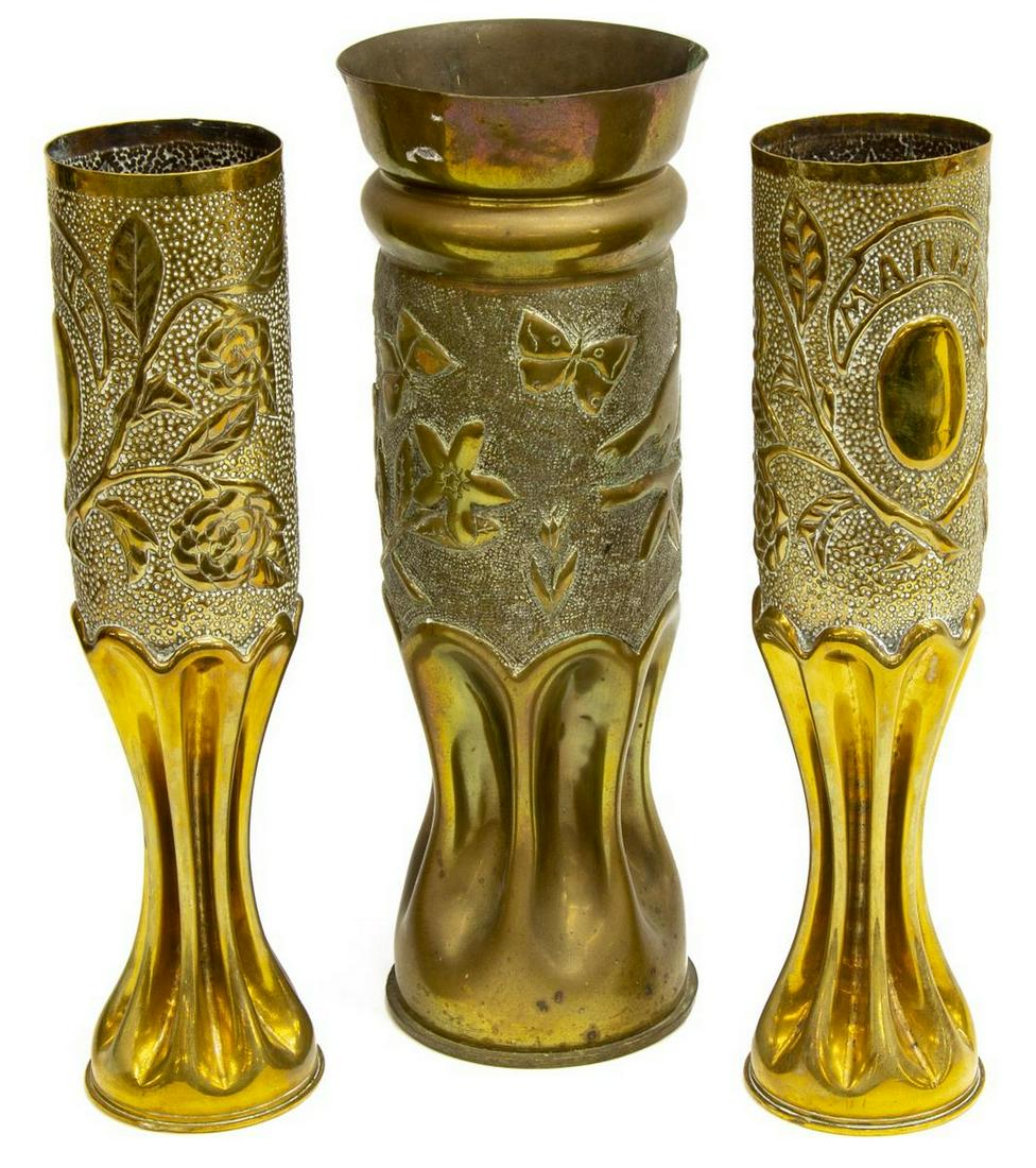 3) French Wwi Era Trench Art Artillery Shell Vases