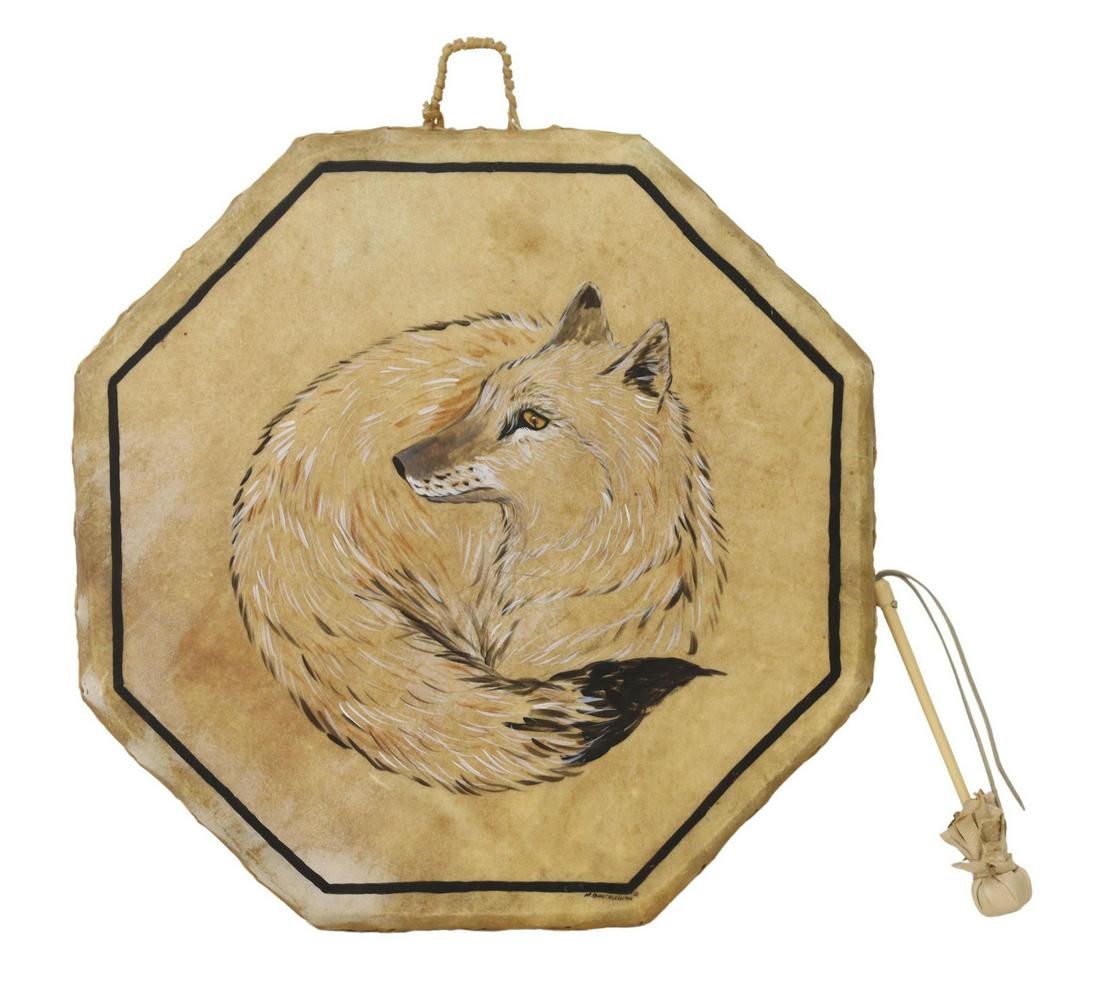 M. BAUERLEIN SOUTHWEST STYLE PAINTED HIDE DRUM: Southwest style painted stretched hide drum, signed lower right M. Bauerlein, dated 1994, with central depiction of a fox, accompanied by mallet, drum: approx 27.5"h, 27.5"w, 3.5"d, 9lbs Start Price: