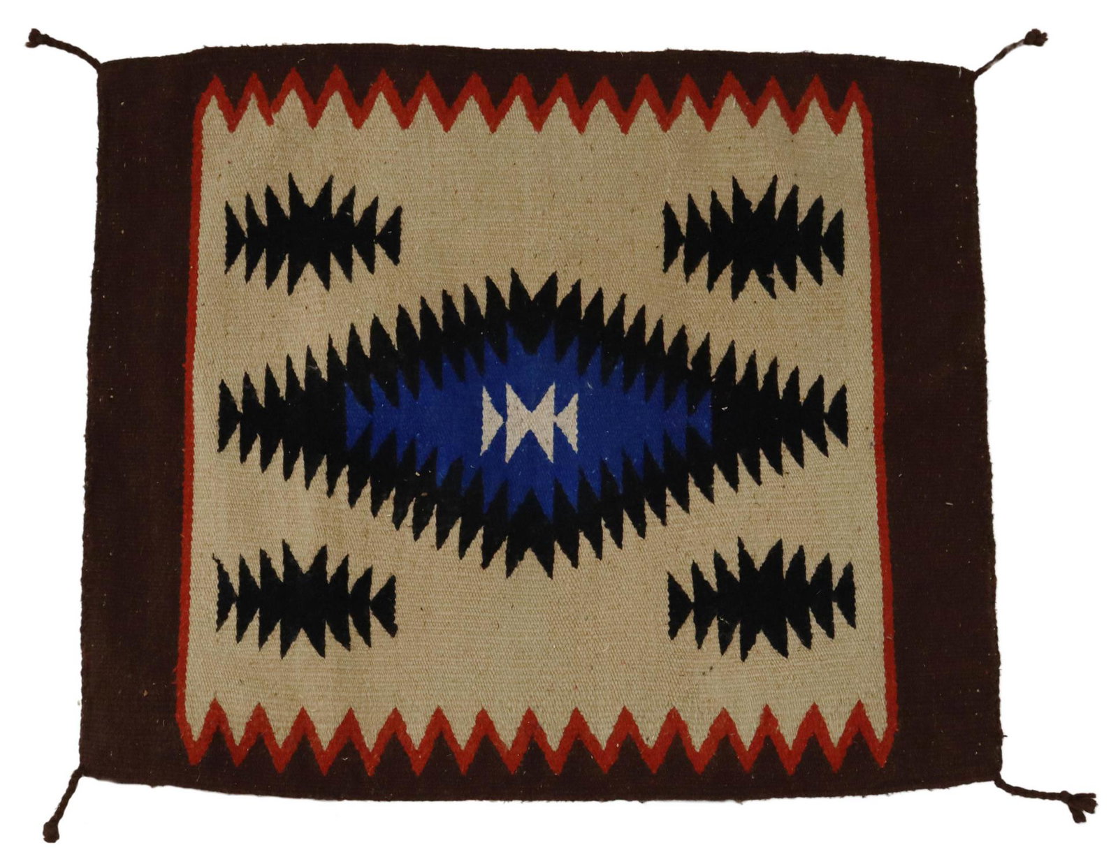 NAVAJO WOVEN SADDLE BLANKET, 2'6" X 2'5": Native American woven saddle blanket, Navajo/ Dine, having a geometric design, tassels to corners, approx 2'6"l, 2'5"w Start Price: $80.00