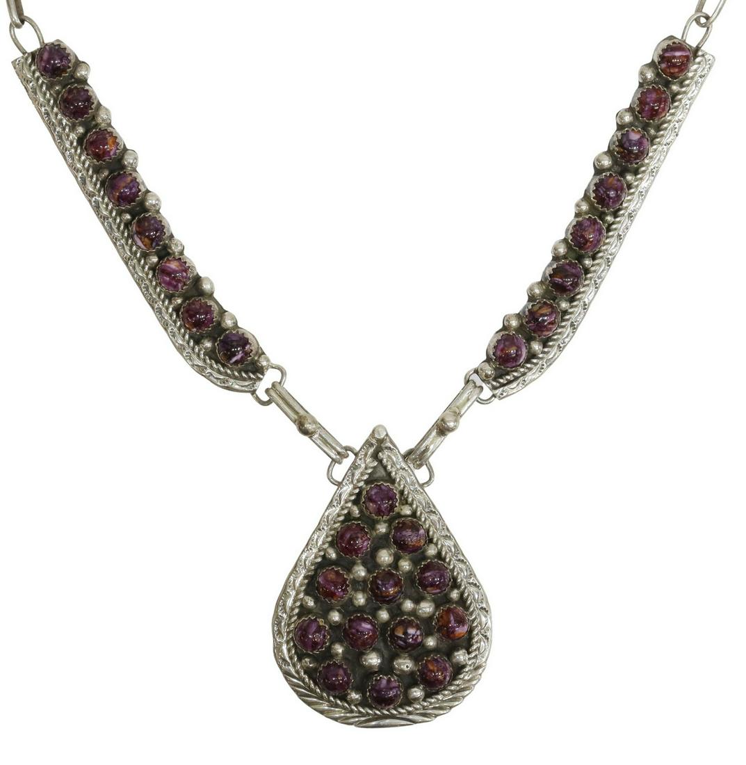 (2) NATIVE AMERICAN SILVER & SPINY OYSTER JEWELRY: (lot of 2) Native American sterling silver and purple spiny oyster shell jewelry suite, comprising: (1) necklace, with teardrop-shaped central pendant, stamped DB (possibly Darrell Brown, Choctaw, 20t