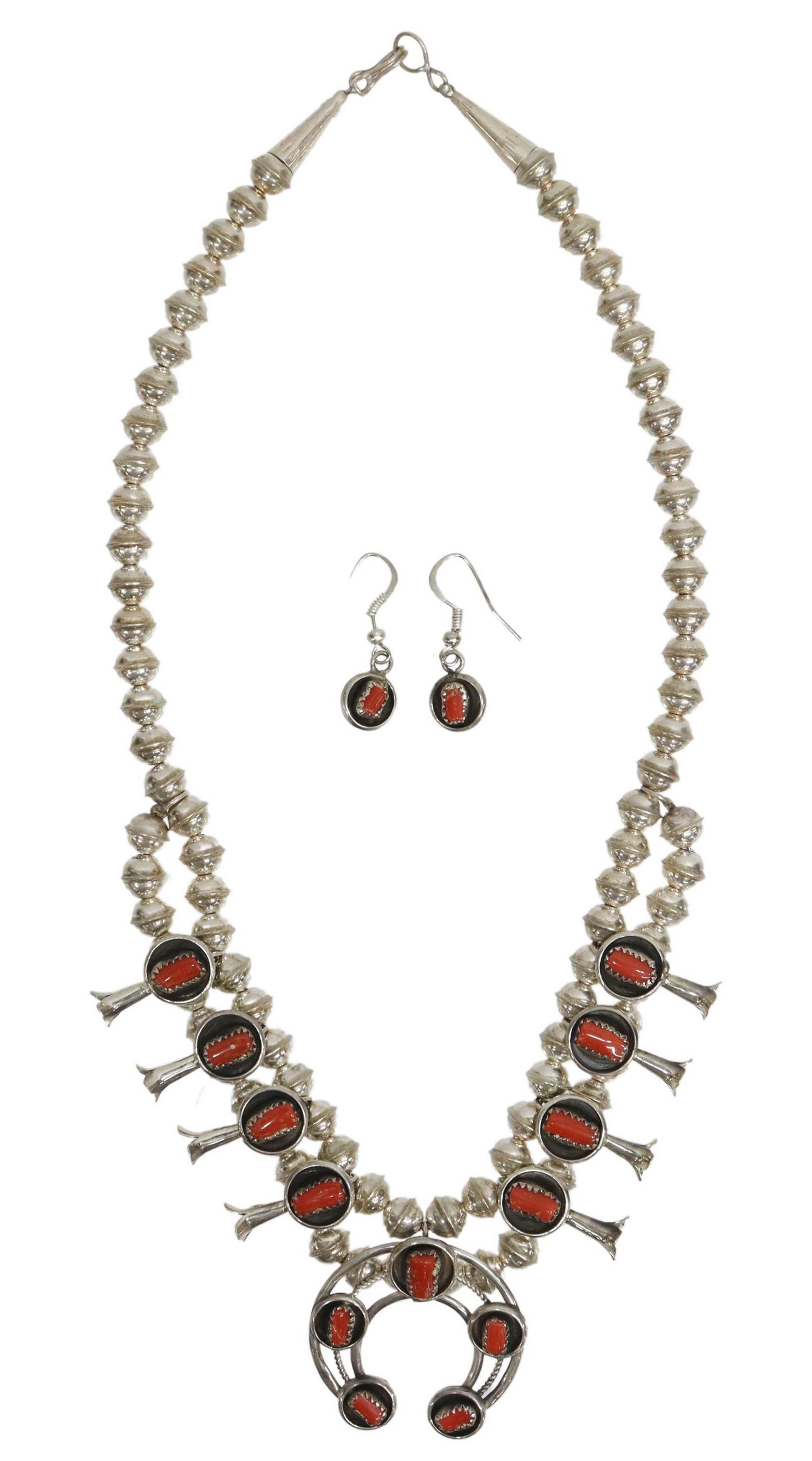 (2) NATIVE AMERICAN PHIL GARCIA SQUASH BLOSSOM SET: (lot of 2) Diminutive Native American sterling silver jewelry group, including: (1) squash blossom necklace, signed PG (Phil Garcia, Navajo/ Dine, 20th c.), eight blossoms, each set with red coral, ce