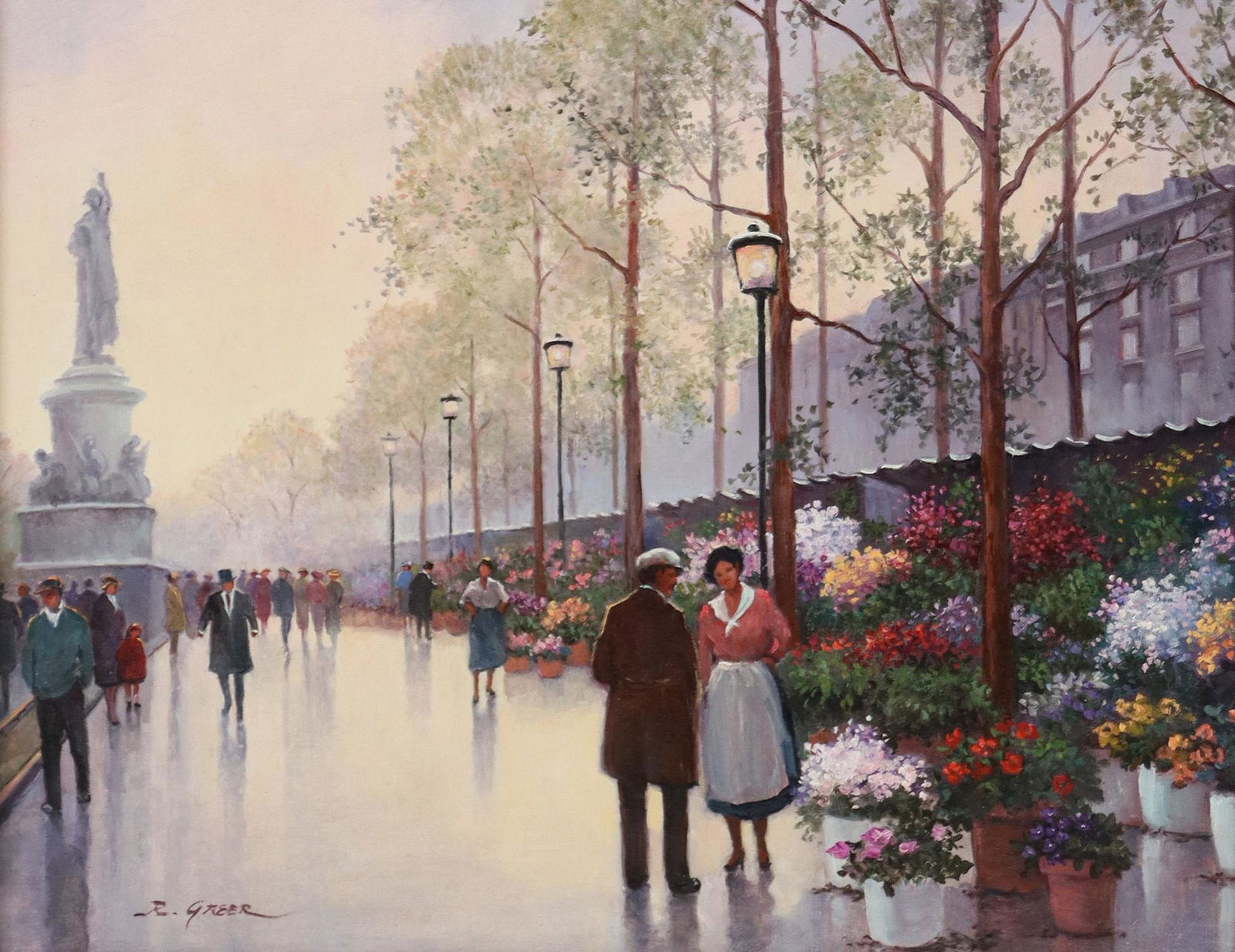 RUTH GREER (TX, D.2004) FLOWER MARKETS AT TWILIGHT: Framed oil on Masonite painting, "Flower Markets at Twilight," signed lower left R. Greer (Ruth Greer, Texas, 1936-2004), titled verso, sight: approx 15"h, 19"w, overall: 21.75"h, 25.75"w, 6lbs Start