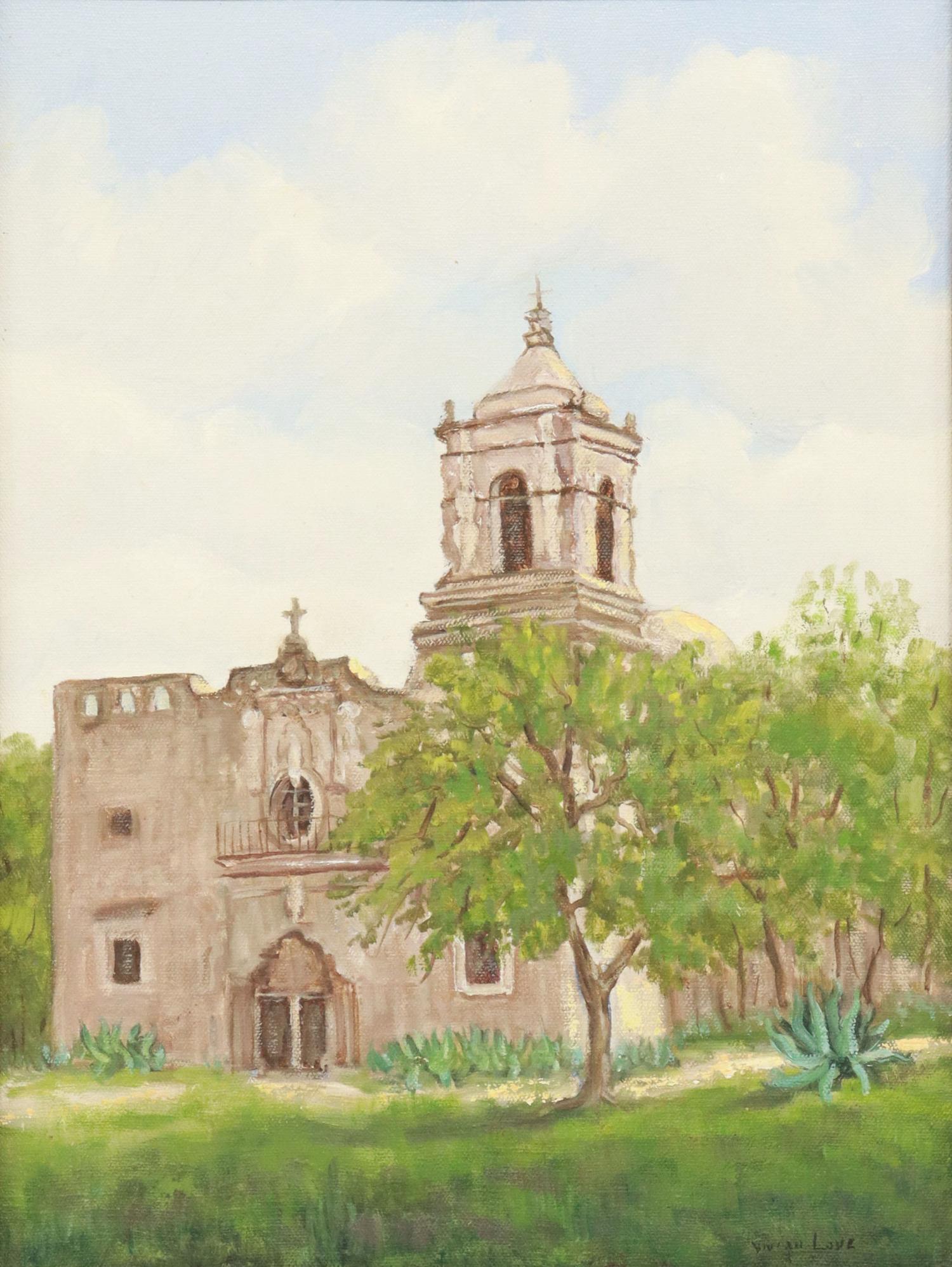 VIVIAN LOVE (TX, 1908-1982) MISSION SAN JOSE: Framed oil on canvas painting, Mission San Jose, San Antonio, Texas, signed lower right Vivian Love (Vivian Rogers Love, Texas, 1908-1982), sight: 15.5"h, 11.5"w, overall: 19.5"h, 23.5"w, 4lbs Start P