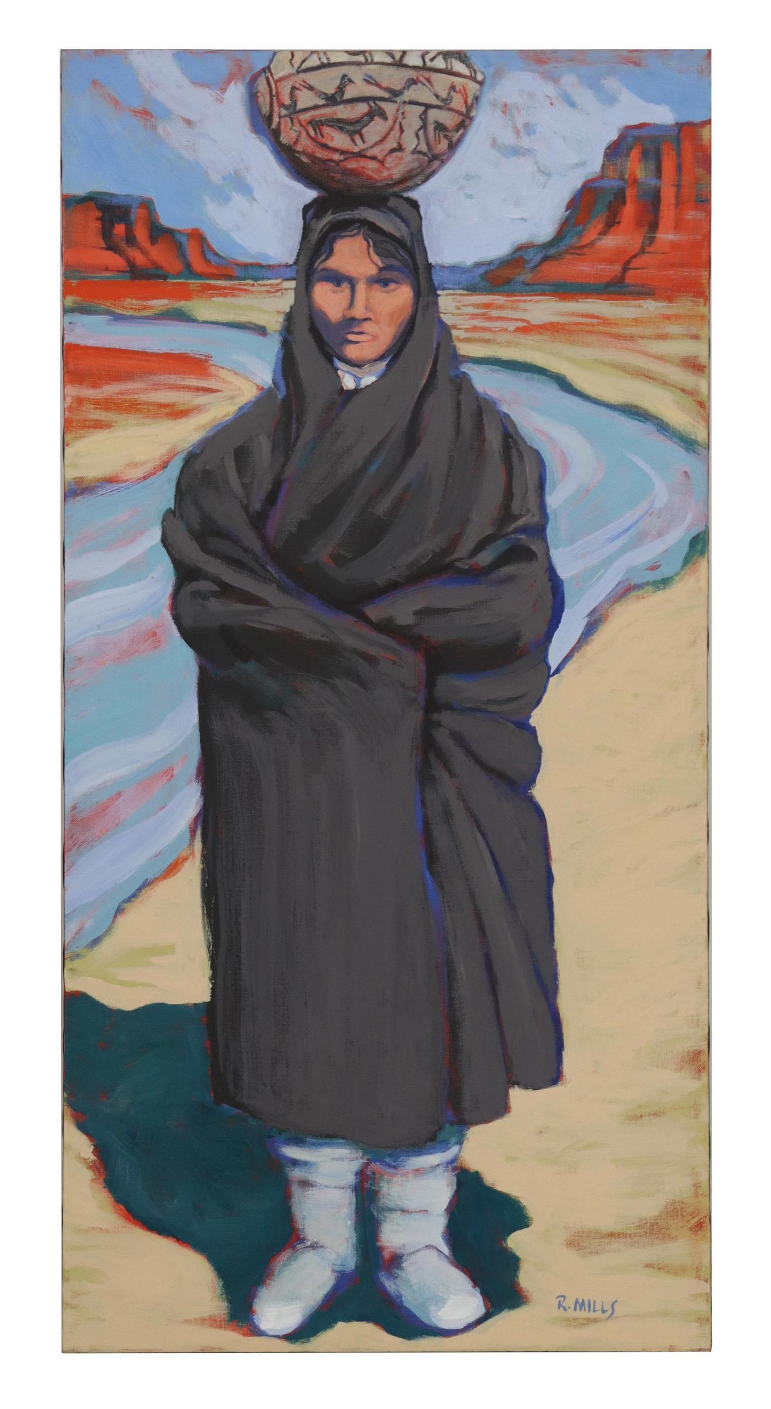 R. MILLS PAINTING NATIVE AMERICAN WOMAN, 48" X 24": Unframed oil painting on stretched canvas, Native American Woman, signed lower right R. Mills (American, 20th c.), overall: approx 48"h, 24"w, 3lbs Start Price: $150.00