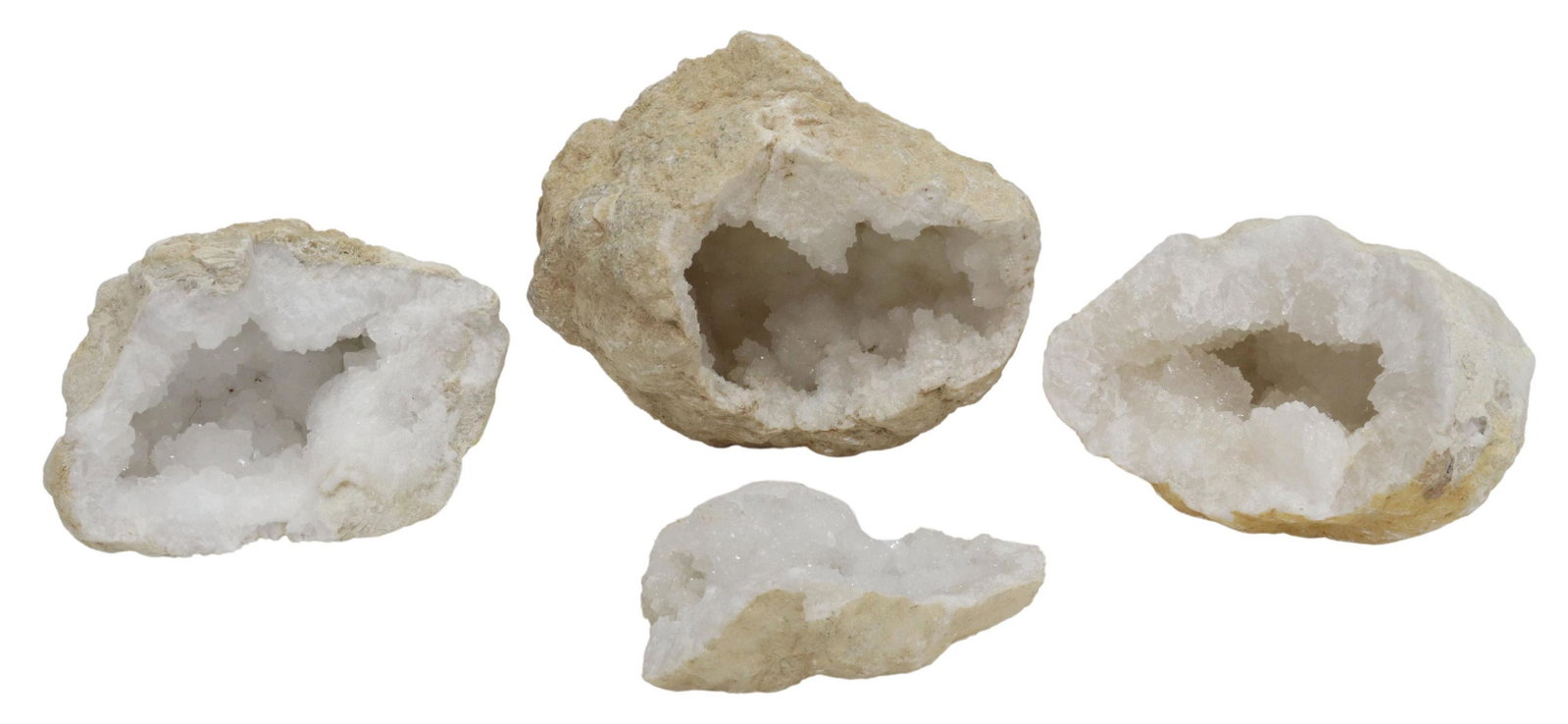 (3) GEOLOGICAL SPECIMENS WHITE CRYSTAL QUARTZ: (lot of 3) Geological specimens, white crystal quartz geodes in rock formations, (one) with cut out lid, largest: approx 6"h, 10.5"w, 8"d; 32lbs total **Provenance: Eight Point Ranch, Elgin, Texas** S