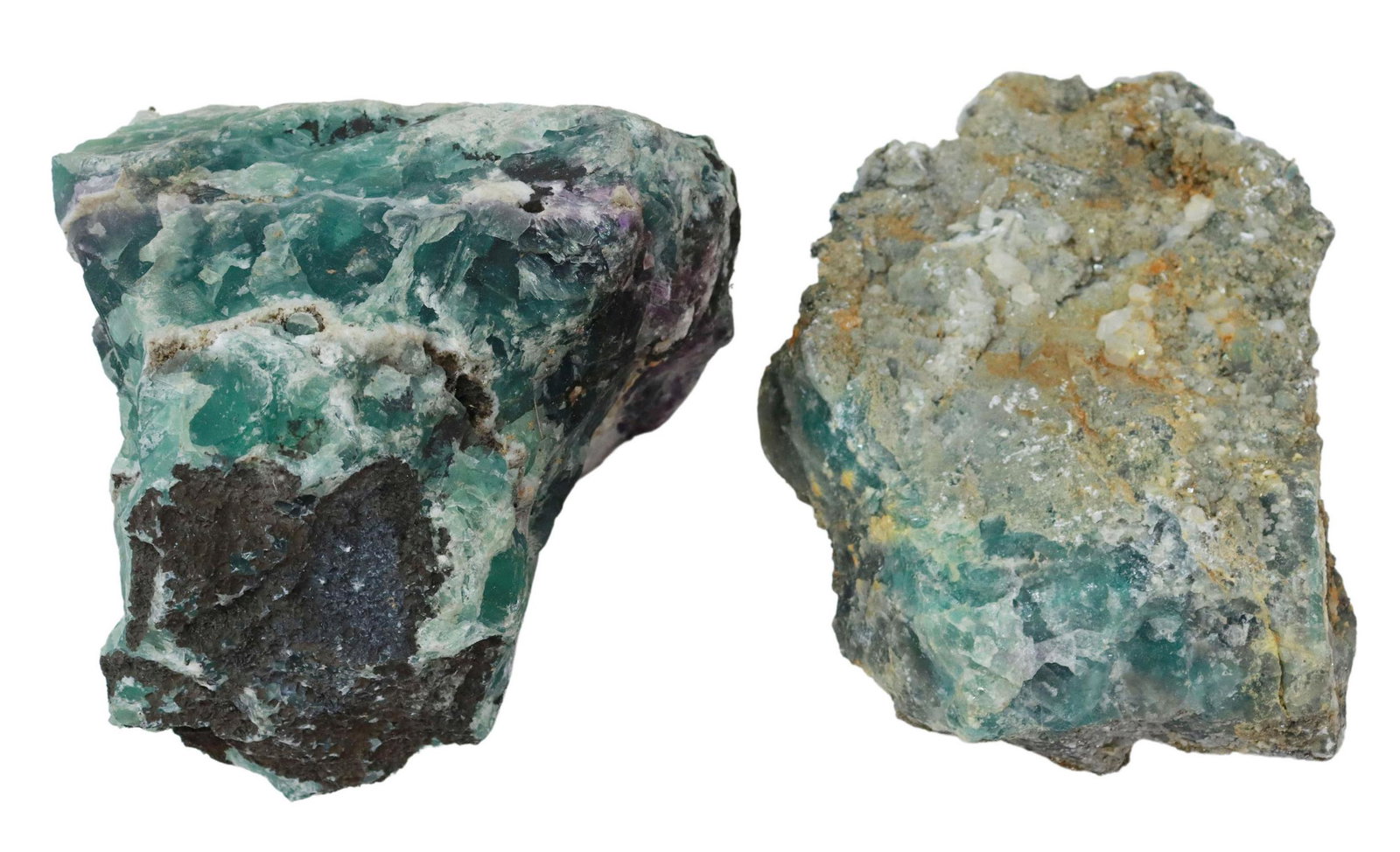 (2) MULTI-COLORED CRYSTAL ROCK SPECIMENS: (lot of 2) Multi-colored crystal rock specimens, including: (1) with purple and green striations, (1) with green and gray tones; largest: approx 7.5"h, 9"w, 8.5"d; 42lbs total **Provenance: Eight Poin