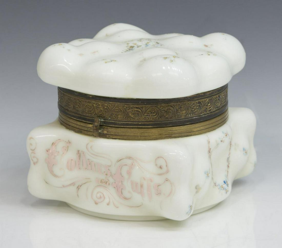 VICTORIAN WAVE CREST OPAL GLASS COLLARS CUFFS BOX: American Victorian Wave Crest Opal Ware glass collars and cuffs dresser box, Charles F. Monroe Company, c.1900, with an embossed brass band at neck, hinged top, raised enamel floral decoration through