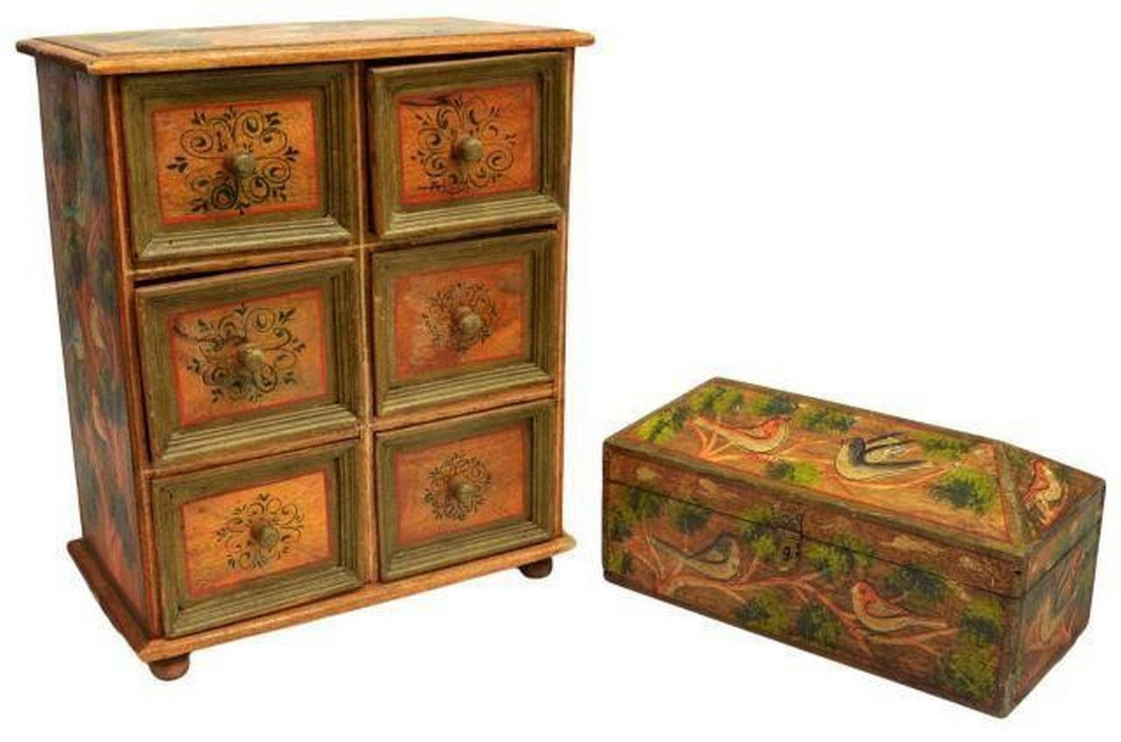 (2) PRIMITIVE PAINT DECORATED BOXES: (lot of 2) Primitive decorative boxes, each painted with tree branches and various birds, one fashioned as a spice chest with six individual drawers having black floral motifs, one with metal strappin