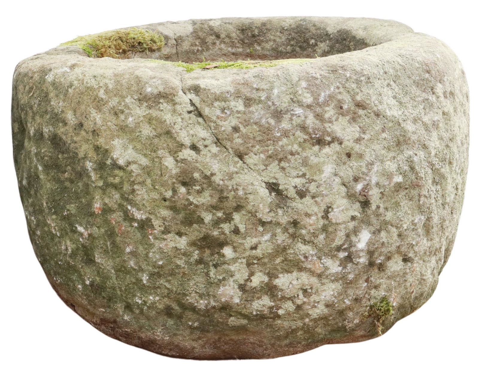 RUSTIC CYLINDRICAL-FORM STONE BASIN/ MORTAR: Rustic stone basin/ mortar, 18th c., irregular cylindrical form, approx 11"h, 19"diam **PLEASE NOTE: All of the cast stone and garden pieces in this auction have inherent flaws and evidence of outdoor