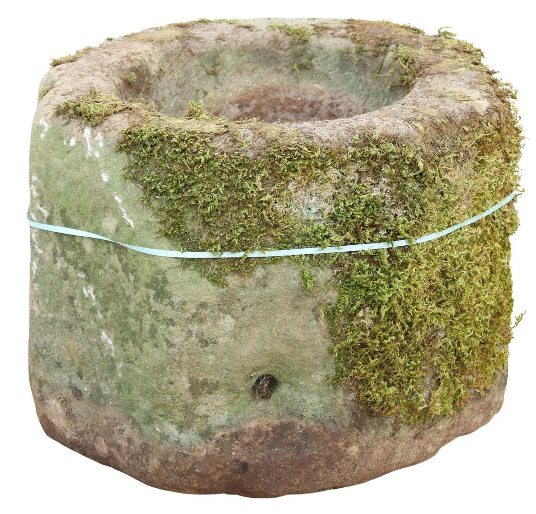 RUSTIC CYLINDRICAL-FORM STONE BASIN/ MORTAR: Rustic stone basin/ mortar, 18thc., irregular cylindrical form, approx 13.5"h, 17.5"diam **PLEASE NOTE: All of the cast stone and garden pieces in this auction have inherent flaws and evidence of outd