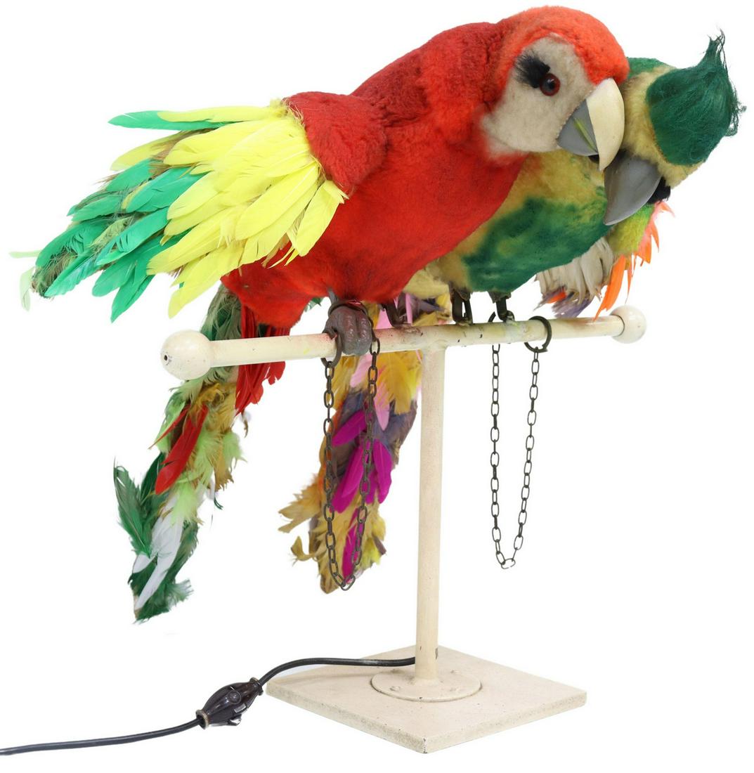 PARROTS ON PERCH ANIMATRONIC/ ELECTRIC AUTOMATON: Electric automaton/ animatronic, early to mid 20th c., scarlet and green macaws on perch, observed operating, losses and discoloration, approx 23.5"h, 9.25lbs **Provenance: from Pat O'Brien's Bar, New