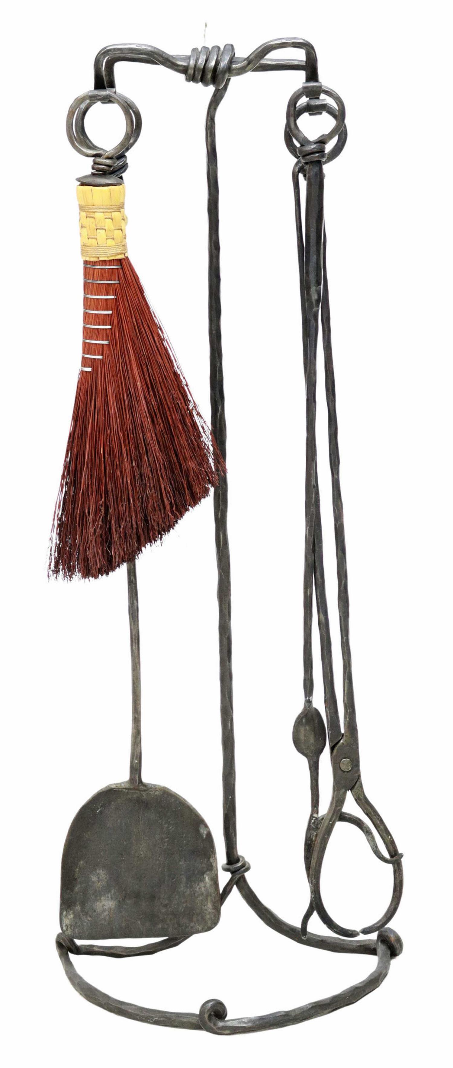 CUSTOM SANTA FE WROUGHT IRON FIREPLACE TOOLS SET: Custom Santa Fe made wrought iron fireplace set, with brush, ash shovel, and fire poker/ log grabber, shown as a group, approx 44"h, 16"w, 10.5"d Start Price: $100.00