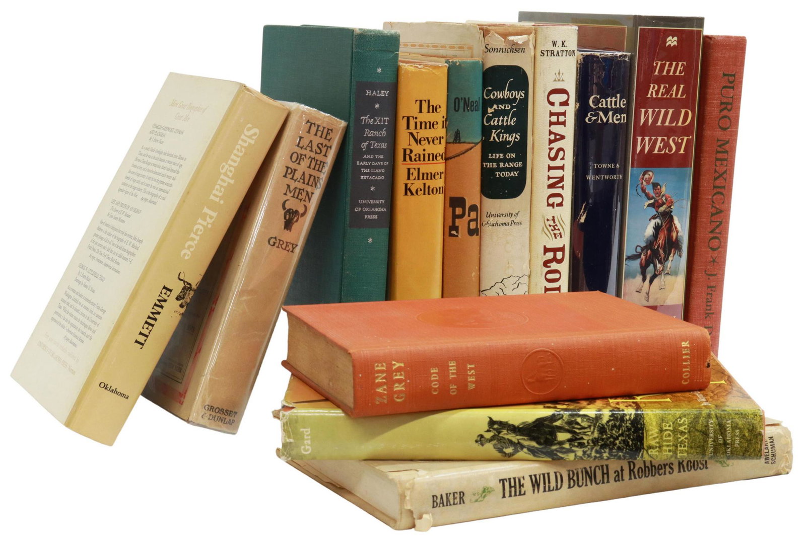 (13) BOOKS: WESTERN, J. FRANK DOBIE, ZANE GREY: (lot of 13) Books: western subjects, including: (1) "The Wild Bunch at Robbers Roost," Pearl Baker, Abelard-Schuman, 1971, 224 pages, signed by author with inscription on dedication page, (1) "Puro Me