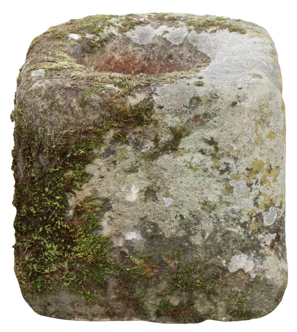 RUSTIC CYLINDRICAL-FORM STONE BASIN/ MORTAR: Rustic stone basin/ mortar, 18thc., irregular cylindrical form, approx 14"h, 17.5"diam **PLEASE NOTE: All of the cast stone and garden pieces in this auction have inherent flaws and evidence of outdoo