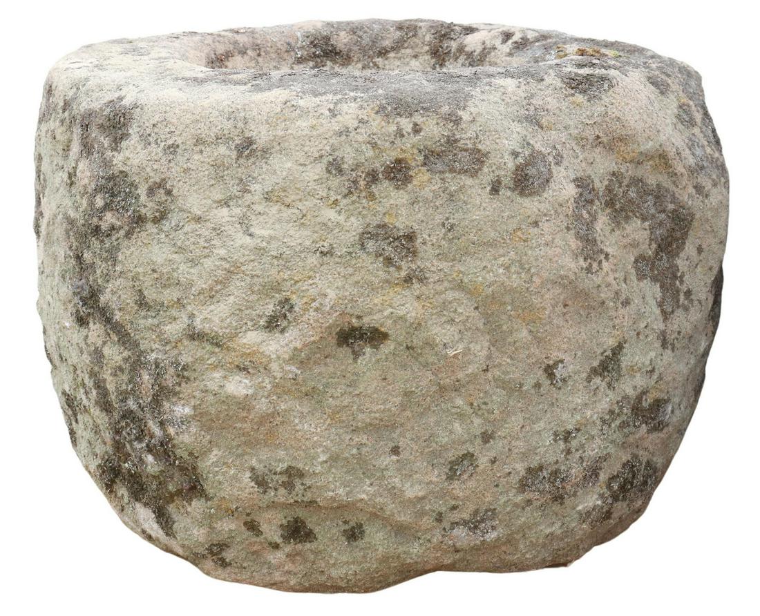 RUSTIC CYLINDRICAL-FORM BASIN/ MORTAR: Rustic stone basin/ mortar, 18th c., irregular cylindrical form, approx 14.5"h, 19.5"diam **PLEASE NOTE: All of the cast stone and garden pieces in this auction have inherent flaws and evidence of out