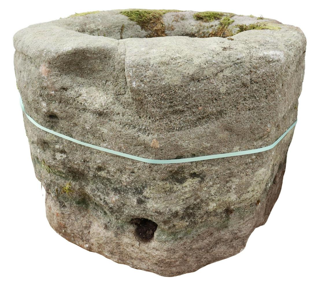 RUSTIC CYLINDRICAL-FORM STONE BASIN/ MORTAR: Rustic stone basin/ mortar, 18thc., irregular cylindrical form, approx 13"h, 18.5"diam **PLEASE NOTE: All of the cast stone and garden pieces in this auction have inherent flaws and evidence of outdoo