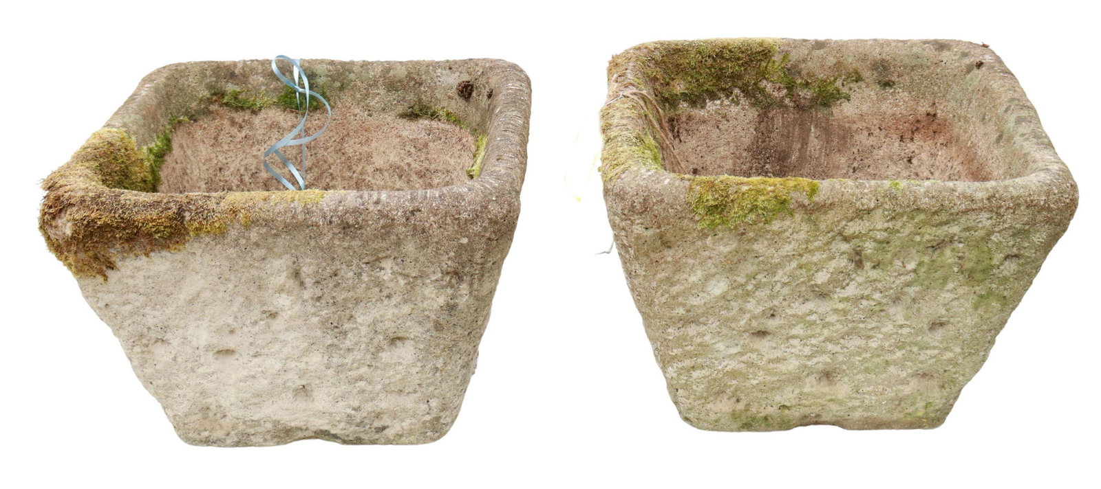 (2) PRIMITIVE CAST STONE GARDEN PLANTERS: (pair) Cast stone planters/ troughs, 20th c., squared tapering form with drain hole to base, remnants of plant matter, approx 10.5"h, 15sq **PLEASE NOTE: All of the cast stone and garden pieces in thi