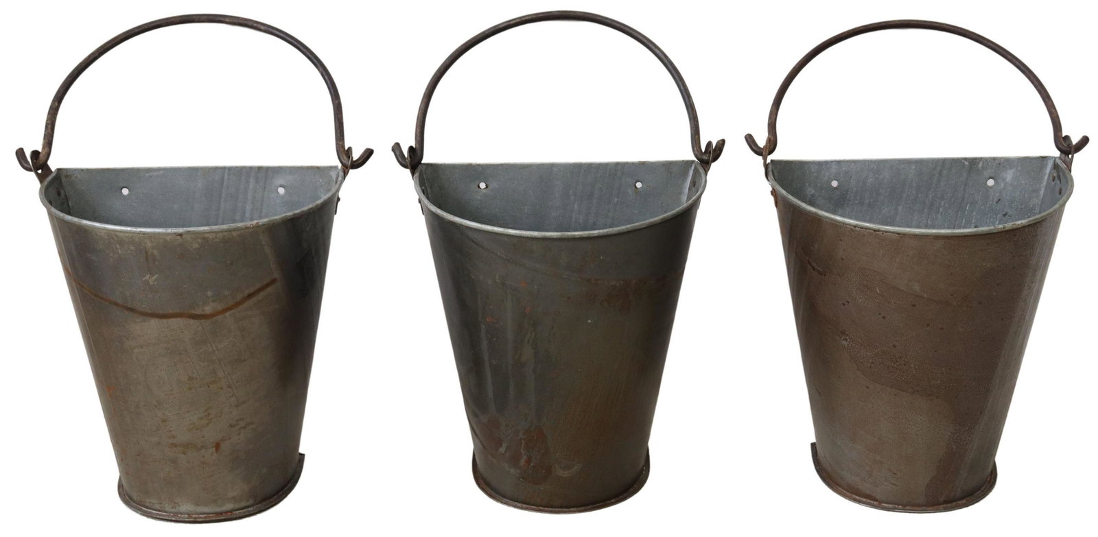 (3) GALVANIZED METAL FLAT BACK BUCKET PLANTERS: (lot of 3) Galvanized metal buckets/ planters, 20th c., flat back with holes for wall mounting, iron bail handle, approx 13.5"h, 13"w, 7.5"d (measurements with handle down); 9.5lbs total Start Price: 