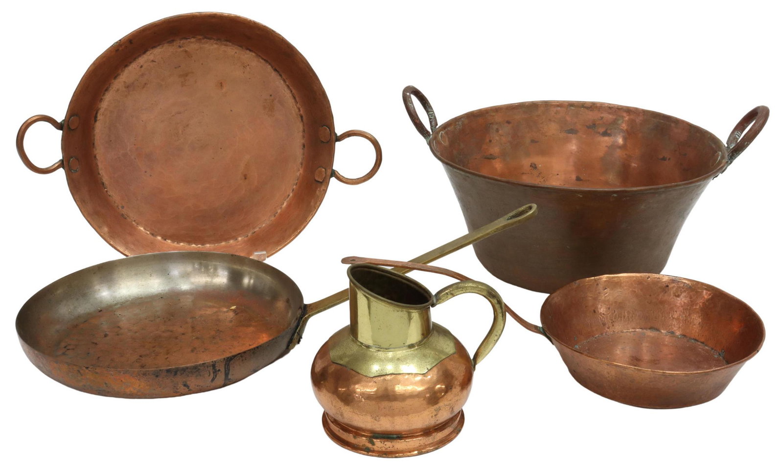 (5) COLLECTION OF COPPER KITCHENWARE: (lot of 5) Copper kitchenware, including: (1) copper and brass jug; (2) saucepans with long handles; (2) dual-handled pots, largest: 6.75"h, 13.75"diam; 6.5lbs total Start Price: $80.00