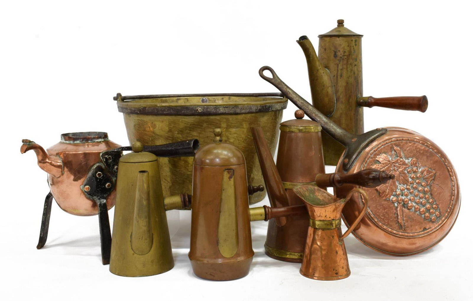 (8) CONTINENTAL COPPER & BRASS KITCHEN ITEMS: (lot of 8) Continental copper and brass kitchen items, various chocolate pots and pans, highlights include: (1) large bucket; (1) copper pan, with grape motif on bottom; (2) pitchers with wood handle;