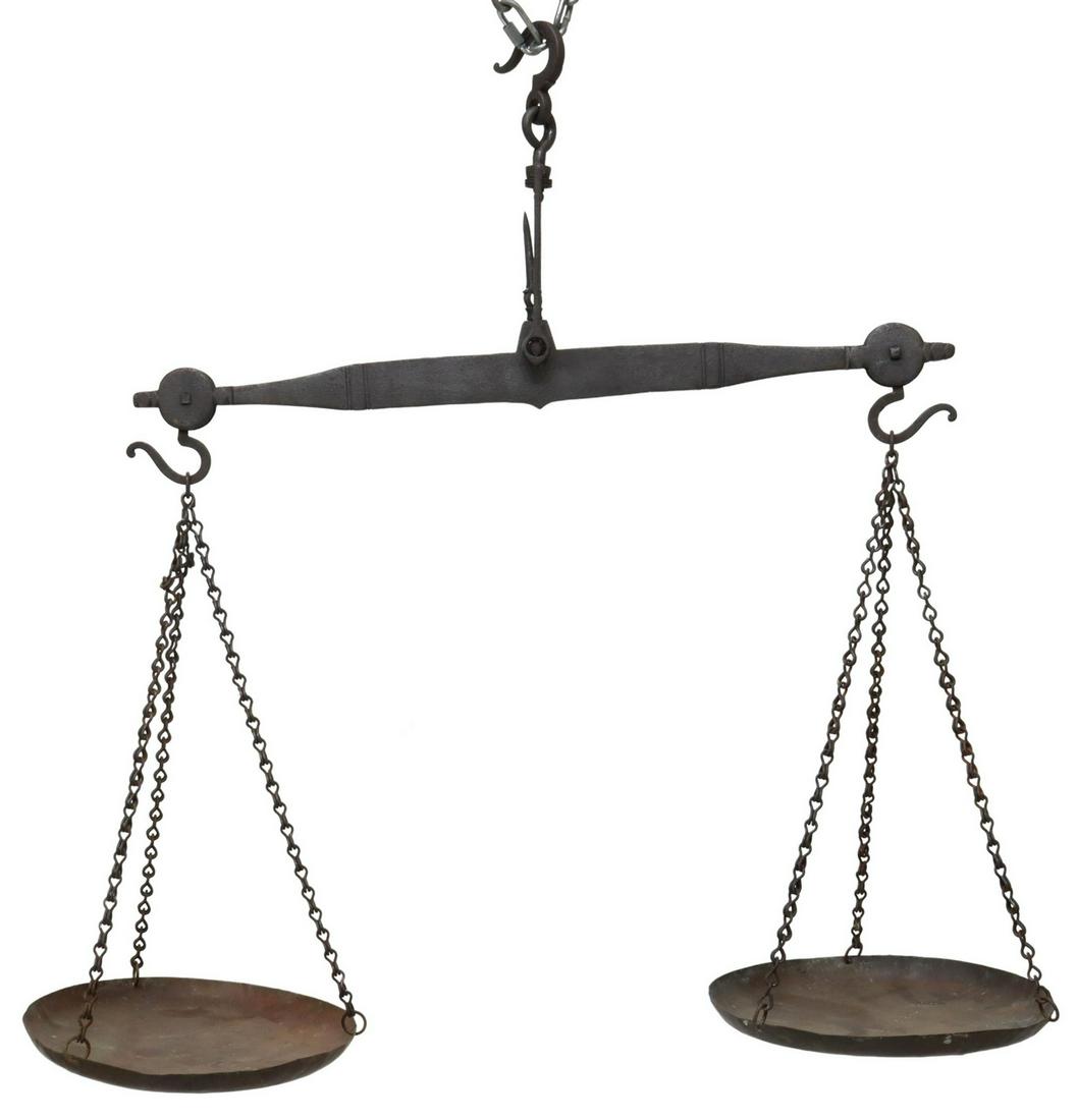WROUGHT IRON & COPPER HANGING BALANCE SCALES: Wrought Iron and copper hanging balance scales, 19th c., inscribed "Ayuntamiente de S.L.R.", iron balance beam, supporting two copper pans, hanging: approx 20.5"h, 25.5"w, pans: approx 10.75"diam, 8lb