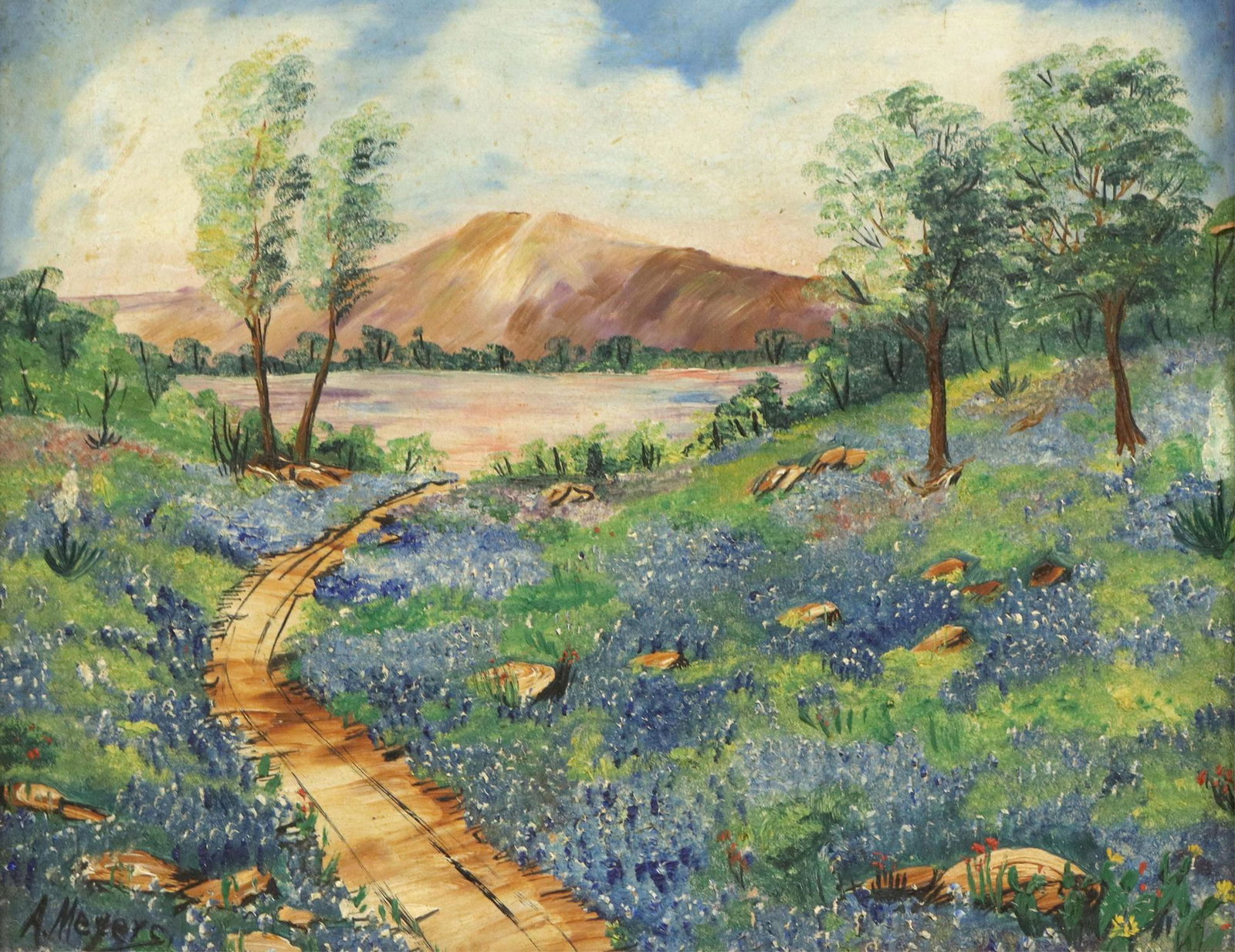 AGNES MEYERS (TX, 1878-1947) BLUEBONNETS, 8" X 10": Framed oil on board painting, Bluebonnets, signed lower left A. Meyers (Agnes M. Coleman Meyers, San Antonio, Texas, 1878-1947), sight: 7.5"h, 9.5"w, overall: 9.75"h, 11.75"w, 0.75lbs Start Price: $50