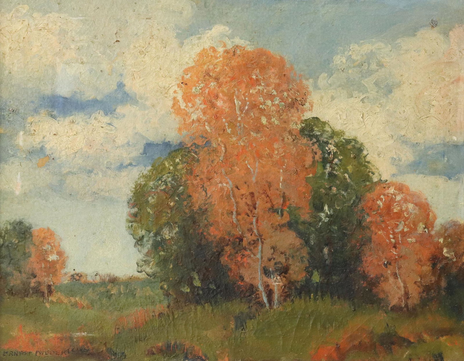 ERNEST FREDERICKS (1877-1959) AUTUMN LANDSCAPE: Framed oil on canvas painting, Autumn Landscape, signed lower left Ernest Fredericks (Arkansas, Illinois, 1877-1959), signed again on back stretcher, some loss and discoloration, sight: 15.75"h, 19.75