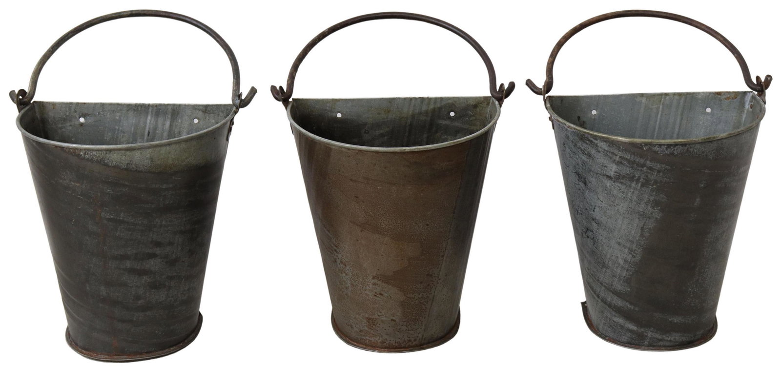 (3) GALVANIZED METAL FLAT BACK BUCKET PLANTERS: (lot of 3) Galvanized metal buckets/ planters, 20th c., flat back with holes for wall mounting, iron bail handle, approx 13.5"h, 13"w, 7.5"d (measurements with handle down); 9.5lbs total Start Price: 