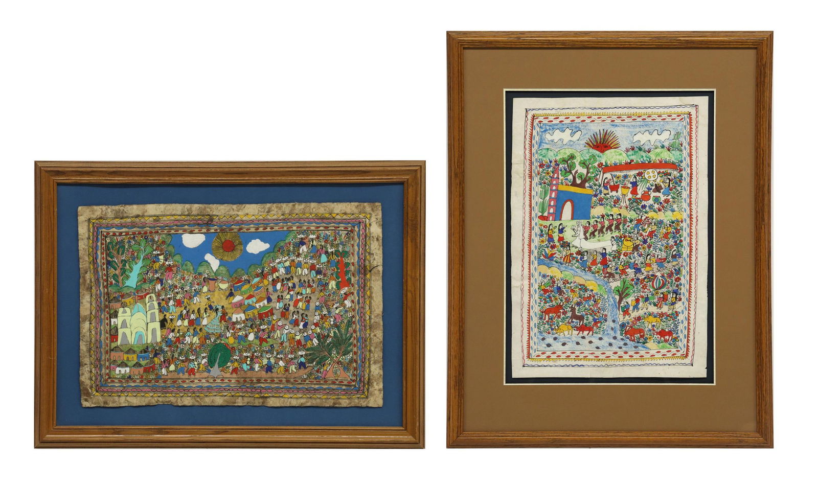 (2) MEXICAN FOLK ART AMATE BARK PAPER PAINTINGS: (lot of 2) Mexican folk art paintings, likely on Amate bark paper, comprising: (1) scene of a large celebration, sight: 15.5"h, 24"w, overall: 22"h, 30"h; (1) scene of a wedding procession, sight: 22"