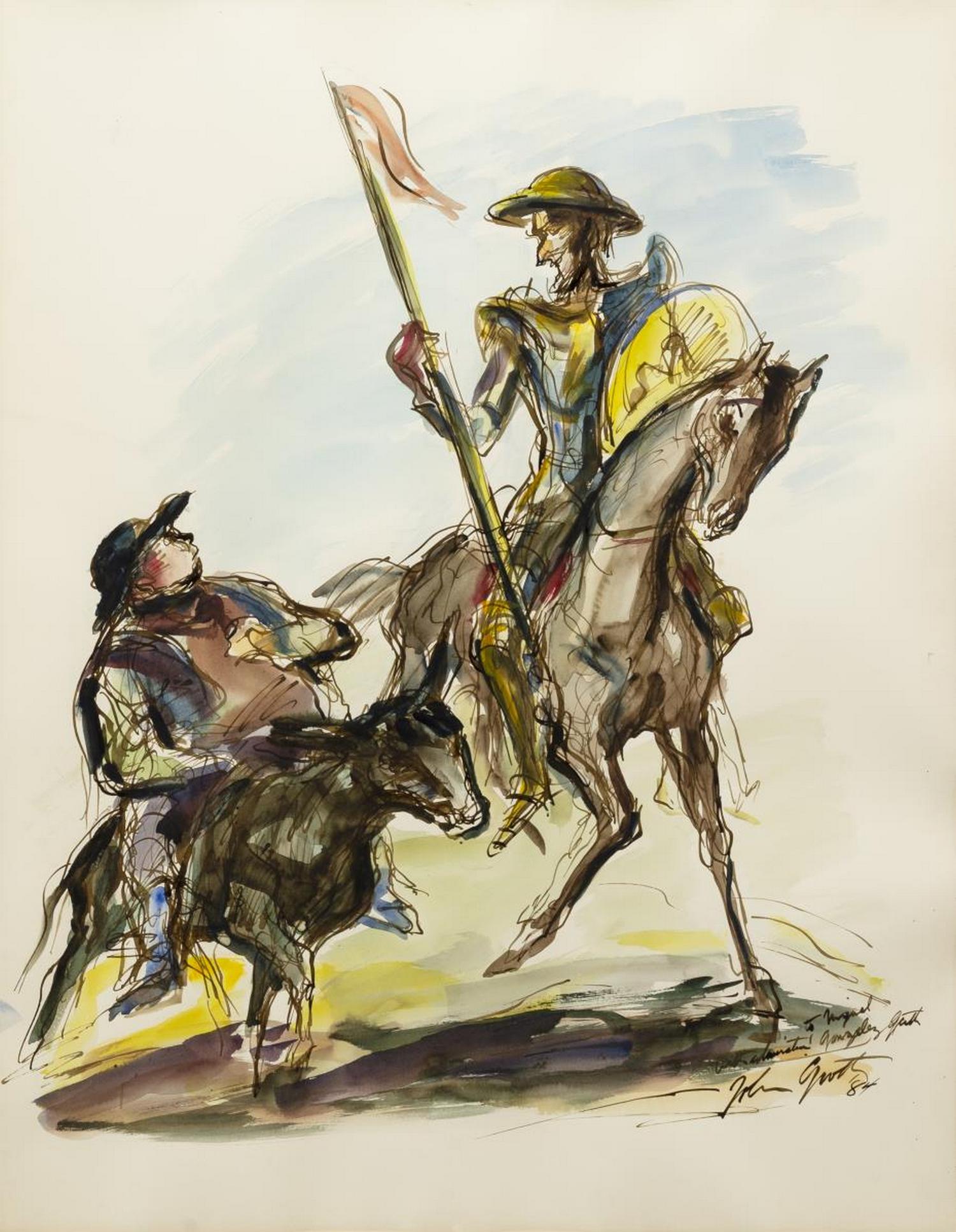 JOHN GROTH (1908-1988) DON QUIXOTE WATERCOLOR: Framed watercolor painting on paper, Don Quixote and Sancho Panza, signed lower right John Groth (New York, Illinois, 1908-1988), dated 1984 with inscription, sight: approx 27.5"h, 21"w, overall: appr