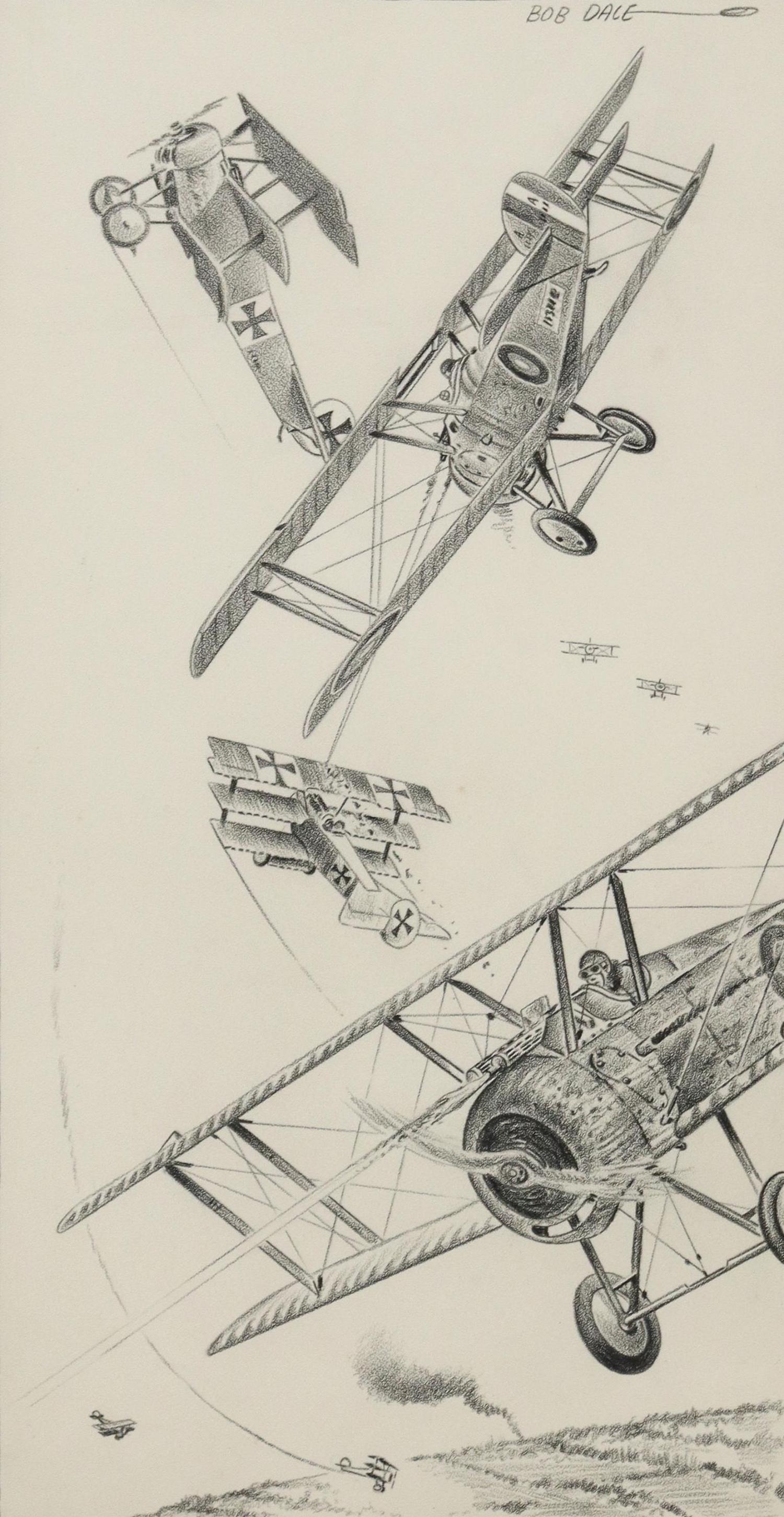 BOB DALE (D.2015) CHARCOAL SKETCH WWI-ERA AIRCRAFT: Framed charcoal drawing on textured paper, WWI-era Fighter Aircraft, signed upper right Bob Dale (Texas, 1927-2015), sight: 21.5"h, 11.25"w, overall: 29.25"h, 18.5"w, 5.75lbs Start Price: $80.00