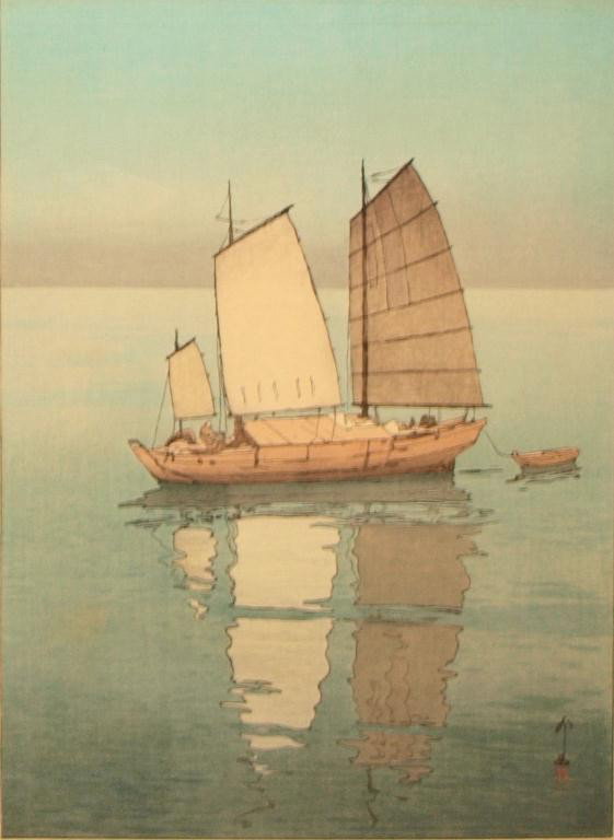JAPANESE WOODBLOCK PRINT, HIROSHI YOSHIDA: Framed Japanese modern woodblock print, from 'The Inland Sea Series', 'Sailing Boats-Afternoon', Hiroshi Yoshida (Japanese, 1876-1950), impressed seal, sight: 20"h, 14"w, overall: 26.75"h, 20.50"w, 5.