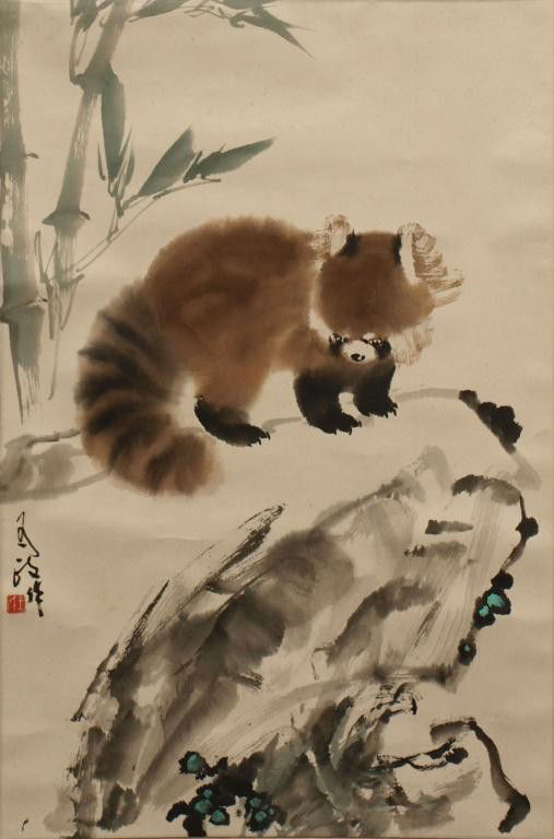 CHINESE SCROLL PAINTING, RACCOON PANDA & BAMBOO: Chinese polychrome hanging scroll painting, ring tailed Raccoon panda near bamboo, on green and yellow silk, wooden rod at base, left bearing signature possibly reading (Wei)zheng and sealed with surn