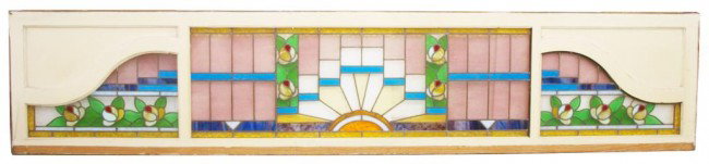LARGE LEADED STAIN GLASS WINDOW TRANSOM: Large three panel stained leaded glass transom, c. 1920, having sunburst, geometric and floral patterns in the art deco style, 26.5"h, 129.5"w Start Price: $200.00