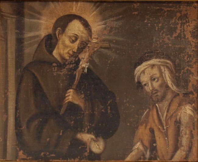 ANTIQUE RELIGIOUS PAINTING, MEXICO, ST. ANTHONY: Religious painting on canvas relaid on masonite, Mexico,19th c., a depiction of St. Anthony and a beggar, sight: 7.25"h, 9.75"w, overall" 12.5"h, 14.75"w, 2lbs Start Price: $150.00