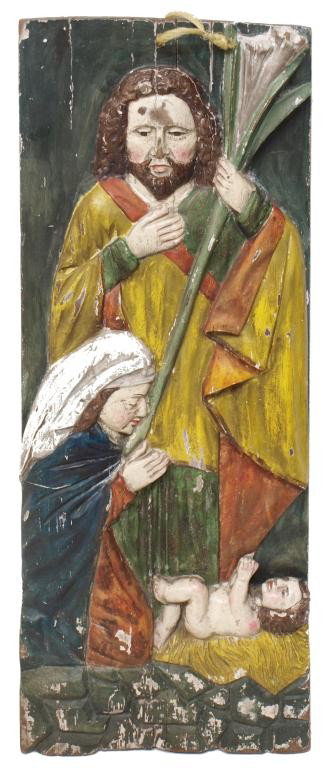 ANTIQUE RELIGIOUS MEXICO CARVED PANEL: Antique Mexico polychrome religious carving on panel depicting Joseph, Mary and The Christ Child, 24.5"h, 9.75"w, 4lbs Start Price: $150.00