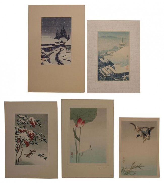 JAPANESE WOODBLOCK POSTCARD PRINTS, HASUI & SHOSON: (lot of 5) Collection of old Japanese woodblock prints, postcard format, (2) sealed Kawase Hasui, depicting snow scenes, 5.75"h, 3.75"w; (3) Ohara Shoson, birds and flowers, sealed Shoson, smallest 5.