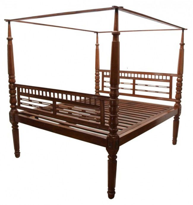 ANGLO-INDIAN TEAKWOOD TESTER BED: Anglo-Indian teakwood tester bed, c. 1900, having four turned and octagonal posts, slat footboard and headboard inserts, overall: 86"h, 78"w, 90"d, inside measurements: 72"w, 81"l Start Price: $800.00