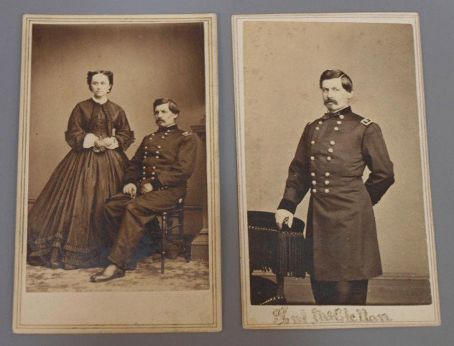(2) BRADY CDV CIVIL WAR, GEORGE B. McCLELLAN: (lot of 2) Carte-de-visite photos of U.S. Army General George B. McClellan (1826-1885): (1) McClellan posed standing, about 1861, back mark of J.W. Everett & Co, New York; (1) McClellan seated, his wi