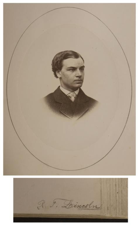 HARVARD 1864 YEAR BOOK, ROBERT TODD LINCOLN PHOTOS: (lot of 2) (1) Book: "Photographs, Class of 1864, Harvard University" a compilation of faculty, students and buildings at Harvard University for the year 1864 including mounted albumen photographs of 